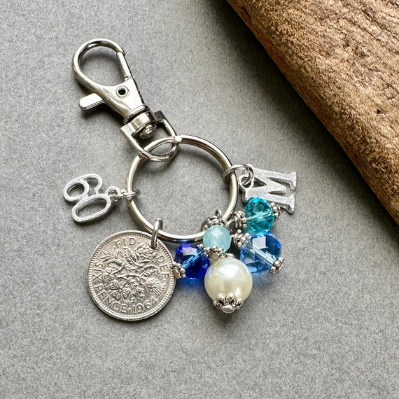 60th birthday gift, 1964 sixpence and blue beaded charm, personalised gift, choose initial