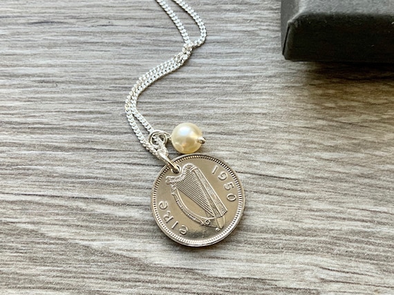 1950 Irish coin necklace, 74th birthday gift, Ireland jewellery, Irish harp and hare coin, a perfect present for a woman