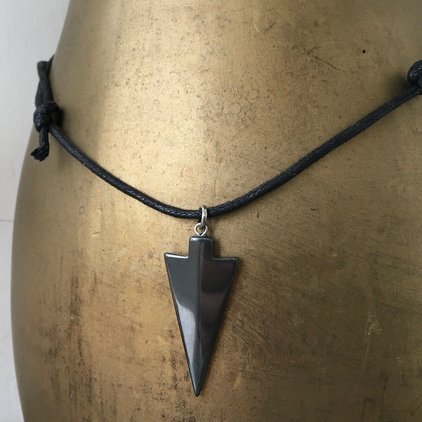 Arrowhead necklace, thick black cotton cord, adjustable hematite Choker