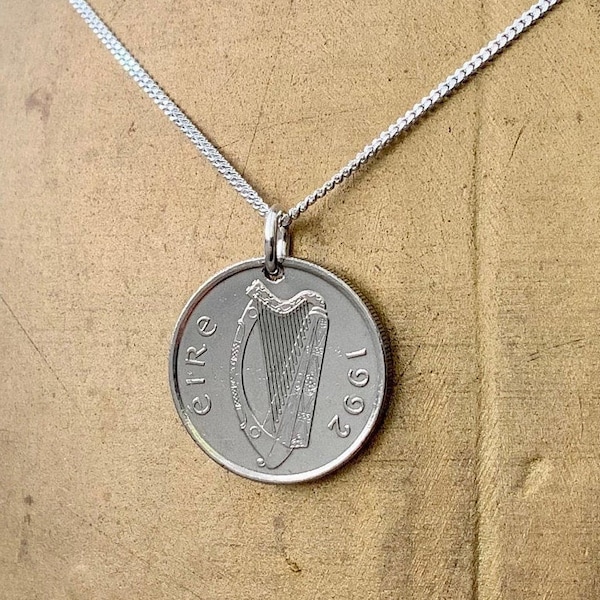 Irish coin necklace, choose coin year, Taurus bull pendant, sterling silver chain, Ireland Anniversary present or birthday gift