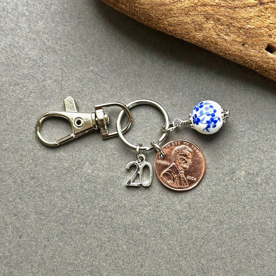 20th birthday gift, American Anniversary gift, 2004 USA penny coin key ring clip with a china bead charm to represent the China anniversary