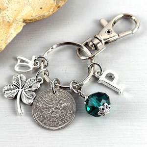 70th birthday 1956 sixpence charm, bag clip, personalised gift, choose initial & birthstone colour, for a 70th birthday in 2026
