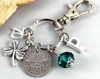70th birthday 1956 sixpence charm, bag clip, personalised gift, choose initial & birthstone colour, for a 70th birthday in 2026