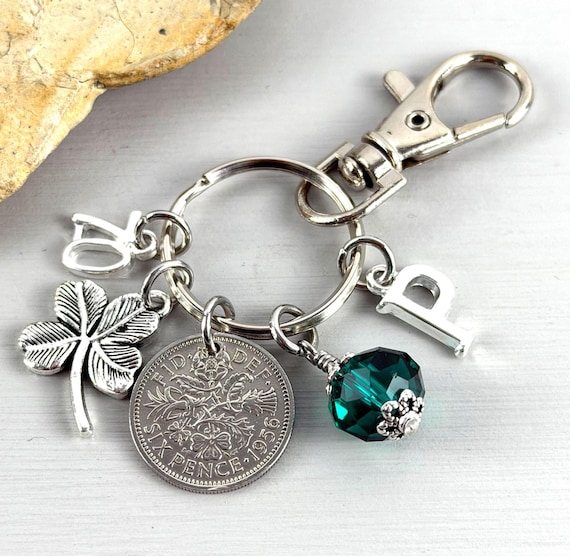 70th birthday 1956 sixpence charm, bag clip, personalised gift, choose initial & birthstone colour, for a 70th birthday in 2026
