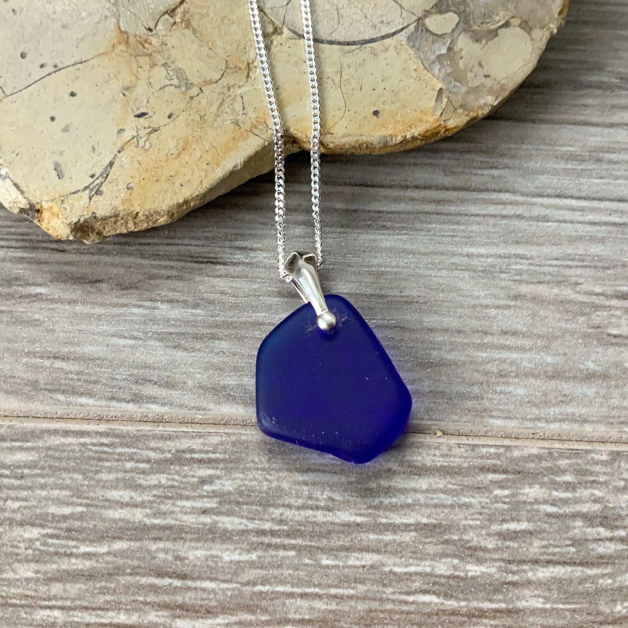 Cobalt blue sea glass and sterling silver necklace, blue beach glass