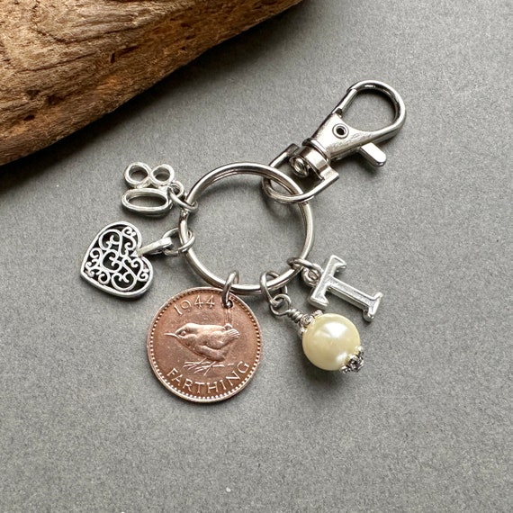 80th birthday gift, 1944 wren farthing birthstone charm clip, personalised gift, choose initial and birthstone colour