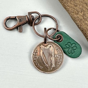 1928 Irish penny ( pingin ) and shamrock key chain, key ring or clip, a great gift for someone with Irish heritage