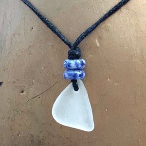 Natural sea glass pendant necklace, Cornish sea glass and blue calming gemstone necklace with a waxed cotton cord image 7