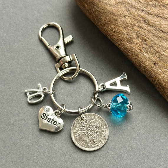 70th birthday gift, 1954 lucky sixpence charm bag clip, personalised gift, choose initial and birthstone colour, nostalgic sister gift