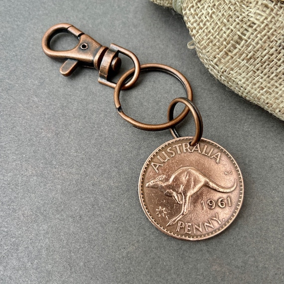 1961 Australian penny clip style Key ring, Australia kangaroo coin, 63rd birthday or Anniversary gift, birth year coin