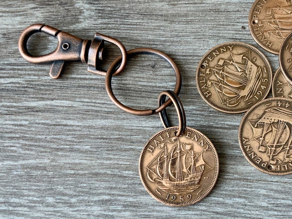 1959 British half penny coin clip, English halfpenny, UK sailing bag charm, a perfect 65th birthday retirement, or anniversary gift