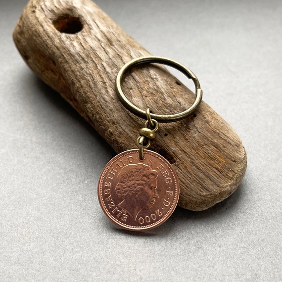 2000 British two pence coin key ring or clip, a perfect 24th birthday or anniversary gift