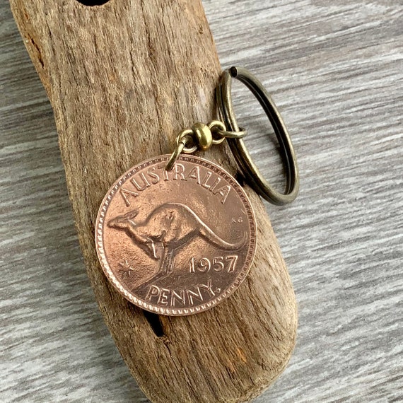 1957 Australian penny keychain, keepsake gift for him, kangaroo keyring, 67th birthday gift, retirement present