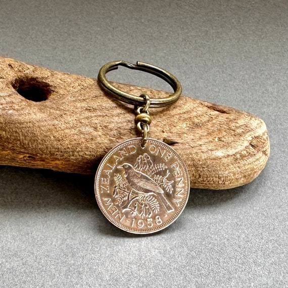 1958 New Zealand coin keyring, Tui bird keychain or clip, a 66th perfect birthday or anniversary gift