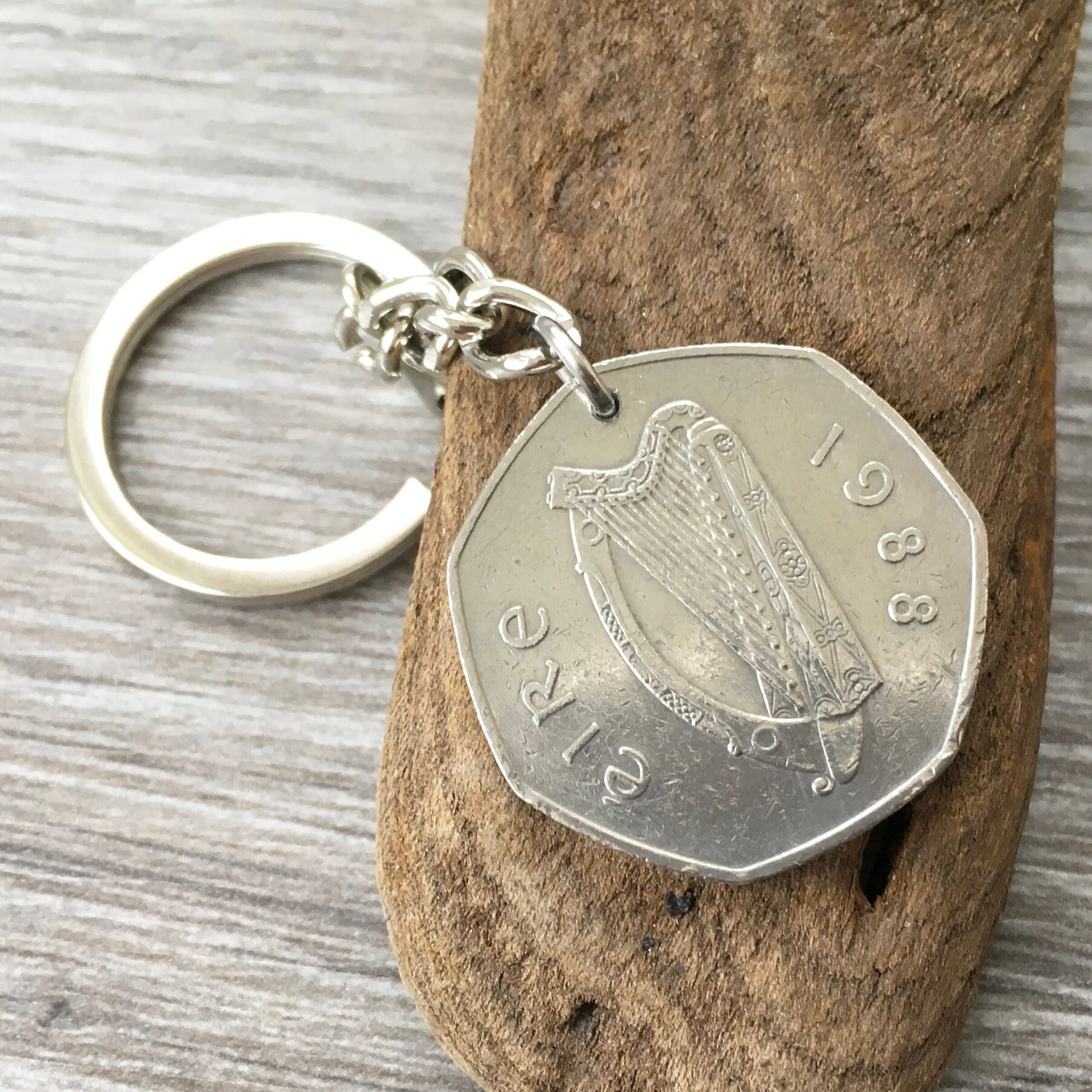 Irish fifty pence coin keychain, 1988 Irish coin keyring or clip, St