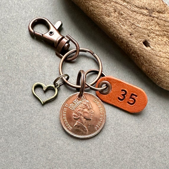 35th anniversary gift 1989 British two pence coin key chain, key ring or clip, for a man or woman