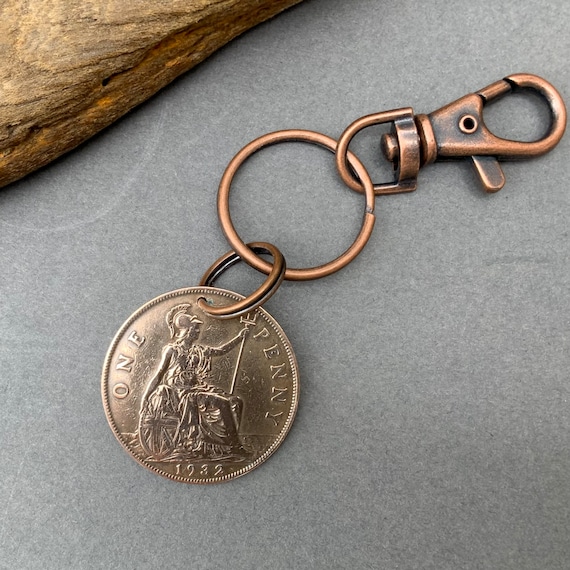 1932 Big British penny Key ring with a  clip, a perfect 92nd birthday gift for someone born in 1932
