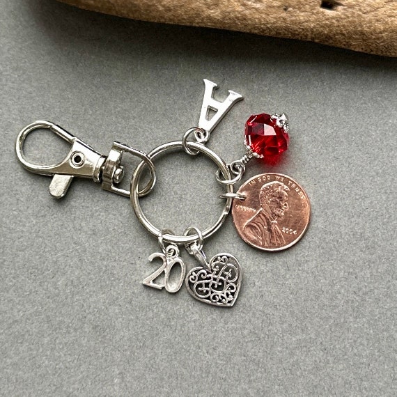 20th birthday or anniversary gift 2004 United States penny bag charm clip, personalised gift with a birthstone and initial