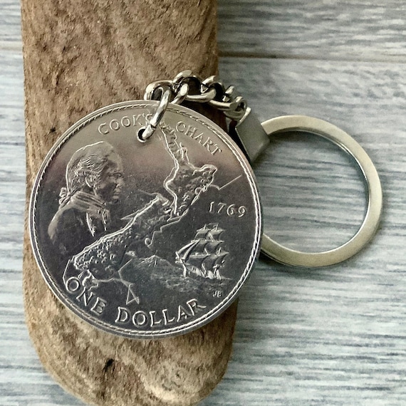 1969 New Zealand coin keyring, NZ commemorative one dollar coin, travel gift, 55th birthday or anniversary gift,