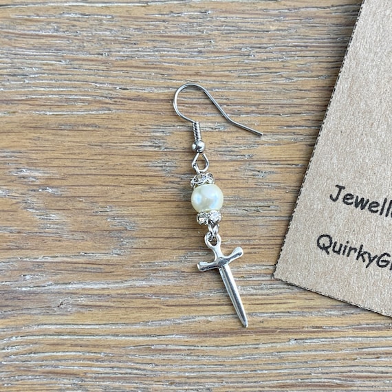 Dagger and pearl earring, pirate sword jewellery, choose between a single earring or a pair of earrings