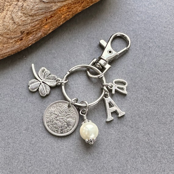 70th personalised birthday gift, 1954 sixpence charm bag clip, choose initial and birthstone colour, 70th birthday in 2024