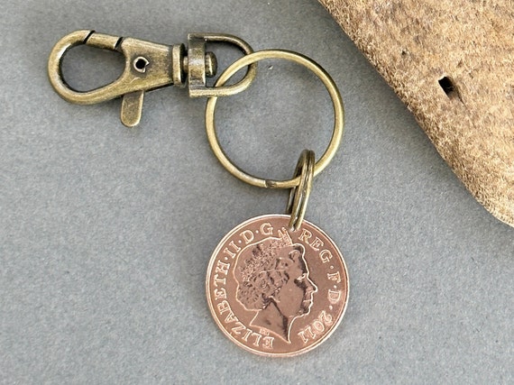 2011 British two pence coin antique style keyring clip, a perfect 12th Anniversary gift