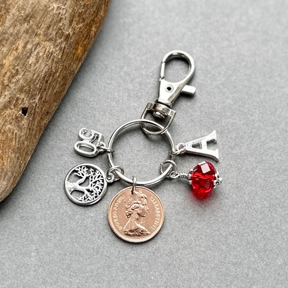 50th Birthstone gift, 1974 British penny  ( 1p ) coin charm clip, choice of initial and charm colour, 50th birthday or anniversary gift