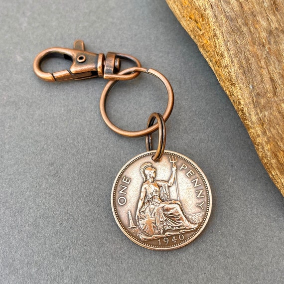 1940 big British penny Key ring clip, U.K. coin keyring, a perfect 84th birthday gift