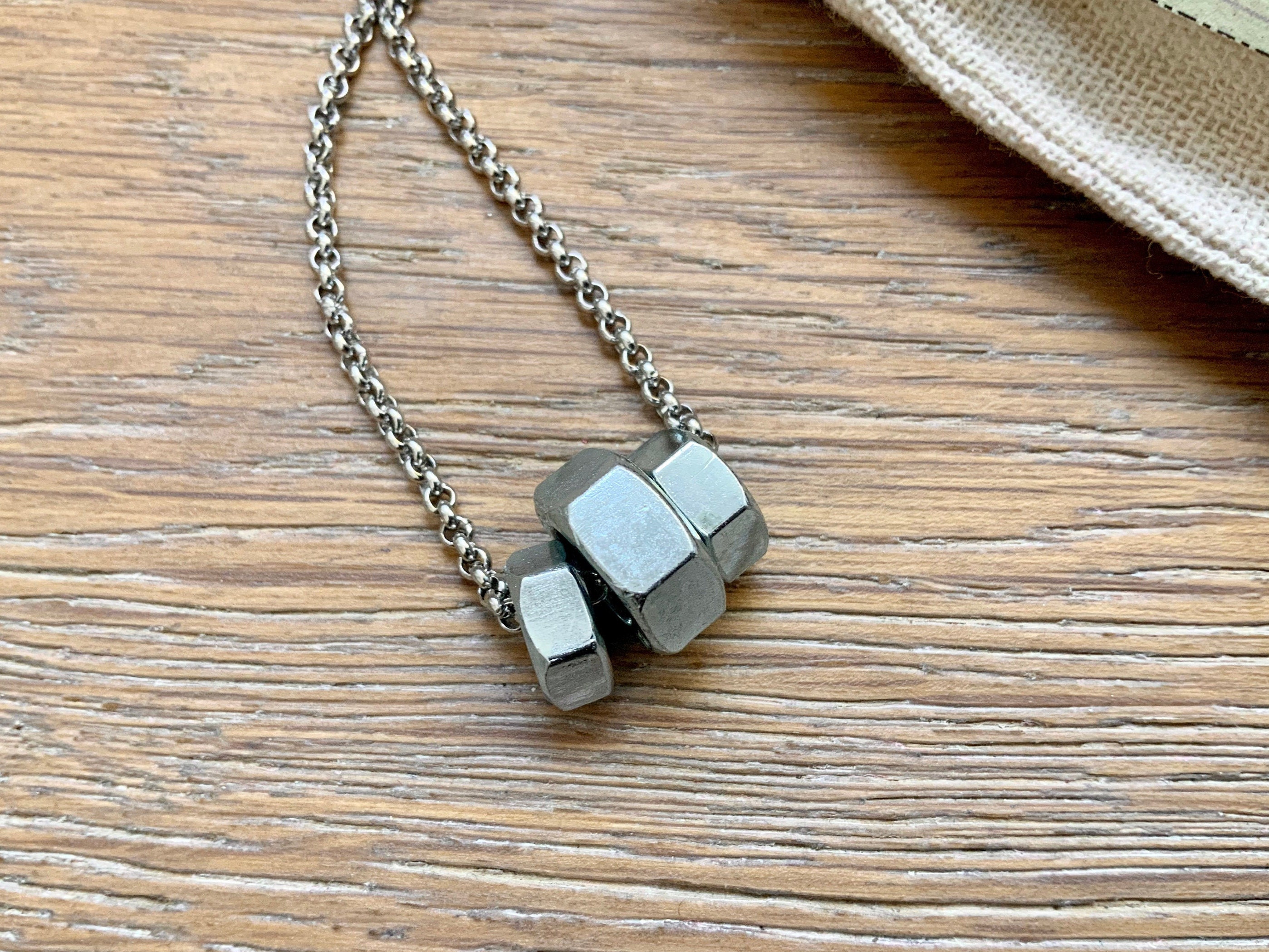 Hex nut necklace, unisex hardware jewelry, stainless steel chain, gift