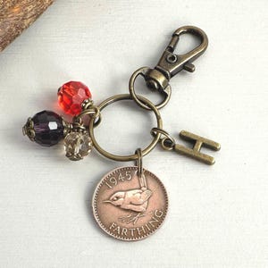 1945 farthing charm bag clip, choose initial, bird coin keyring or keychain, 80th birthday gift,