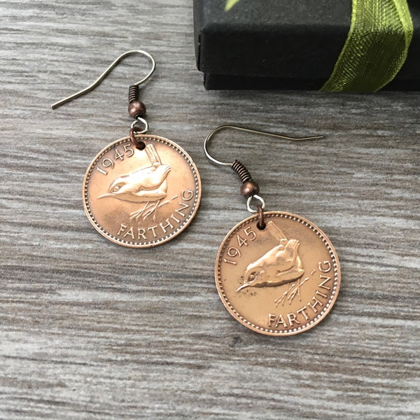 1945 wren farthing earrings, 79th birthday gift for her, British pretty bird coin earrings with stainless steel ear wires