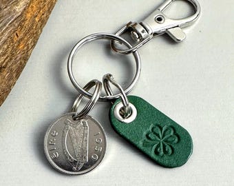 1950 Irish Sixpence Keychain: Shamrock Leather Tag, Ireland Coin Keyring