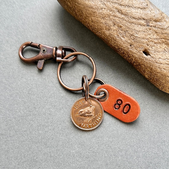 80th birthday gift, 1944 British farthing key ring clip, English gift, a useful present