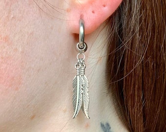 Double Feather thick hoop earring, available as single earring or pair of earrings, stainless steel hoop