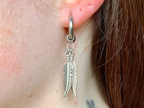 Double Feather thick hoop earring, available as single earring or pair of earrings, stainless steel hoop