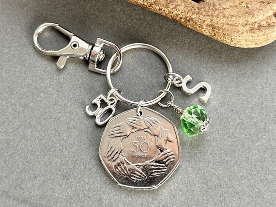 1973 British 50p coin Key ring clip, a perfect personalised 50th birthday gift for someone born in 1973 birthstone and initial present