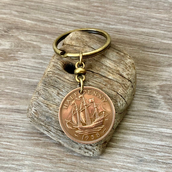 1938 British ship coin key chain or clip, English halfpenny key ring, coin key fob, British 86th birthday gift