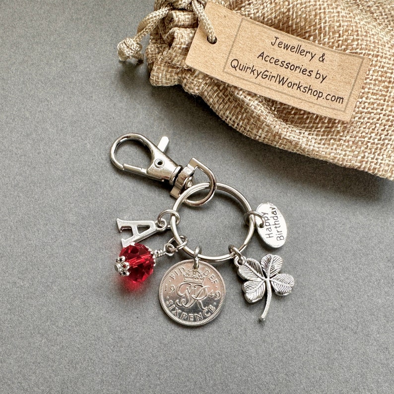 75th birthday gift, 1949 sixpence charm birthstone gift, charm bag clip, personalised gift, choose initial and birthstone colour image 6