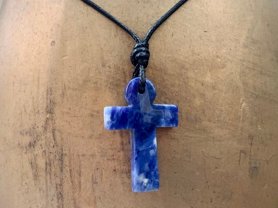 Large Sodalite Cross adjustable necklace on black cord, long gemstone cross pendant