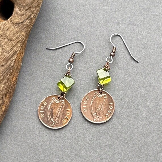 1980 Irish penny dangle earrings with lime green glass beads, a perfect birthday gift or anniversary present