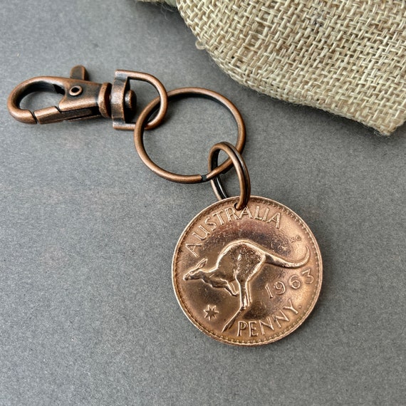 1963 Australian penny Keyring clip, Australia kangaroo coin, 61st birthday or Anniversary gift, birth year coin