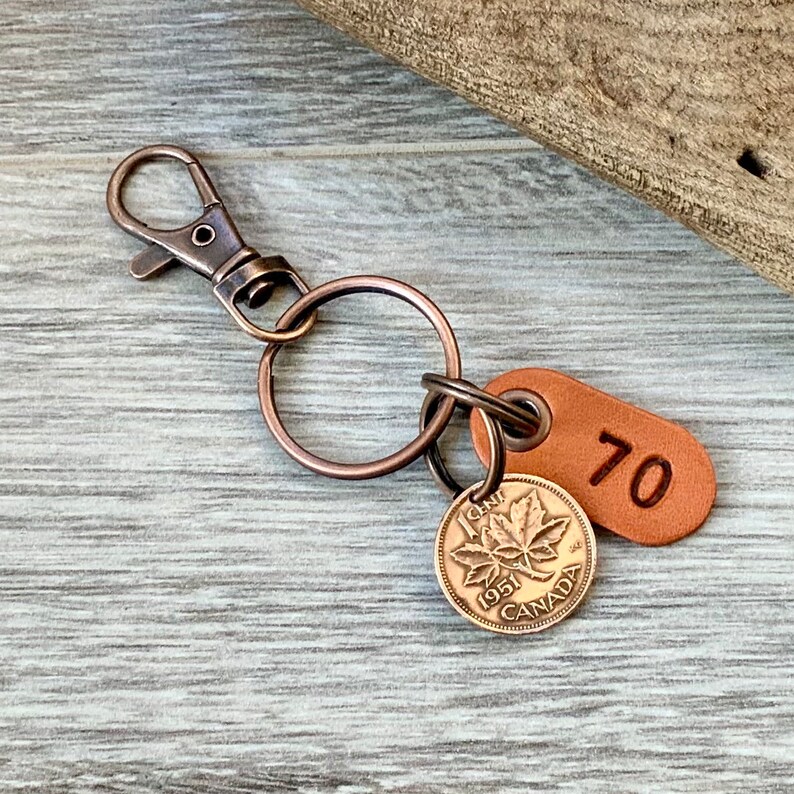 lucky maple leaf penny clip Canada one cent keyring 1951 Canadian penny keychain 70th birthday gift