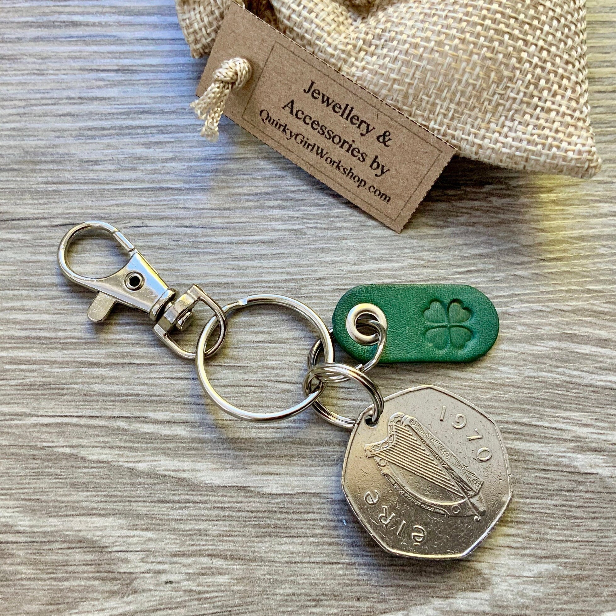 1970 Irish coin keychain, keyring or clip, 7 sided coin Ireland, Eire anniversary gift, Celtic