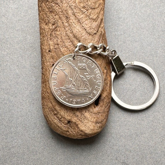 50th birthday gift 1974 Portuguese 10 escudo coin keyring keychain, 50th Portugal anniversary present