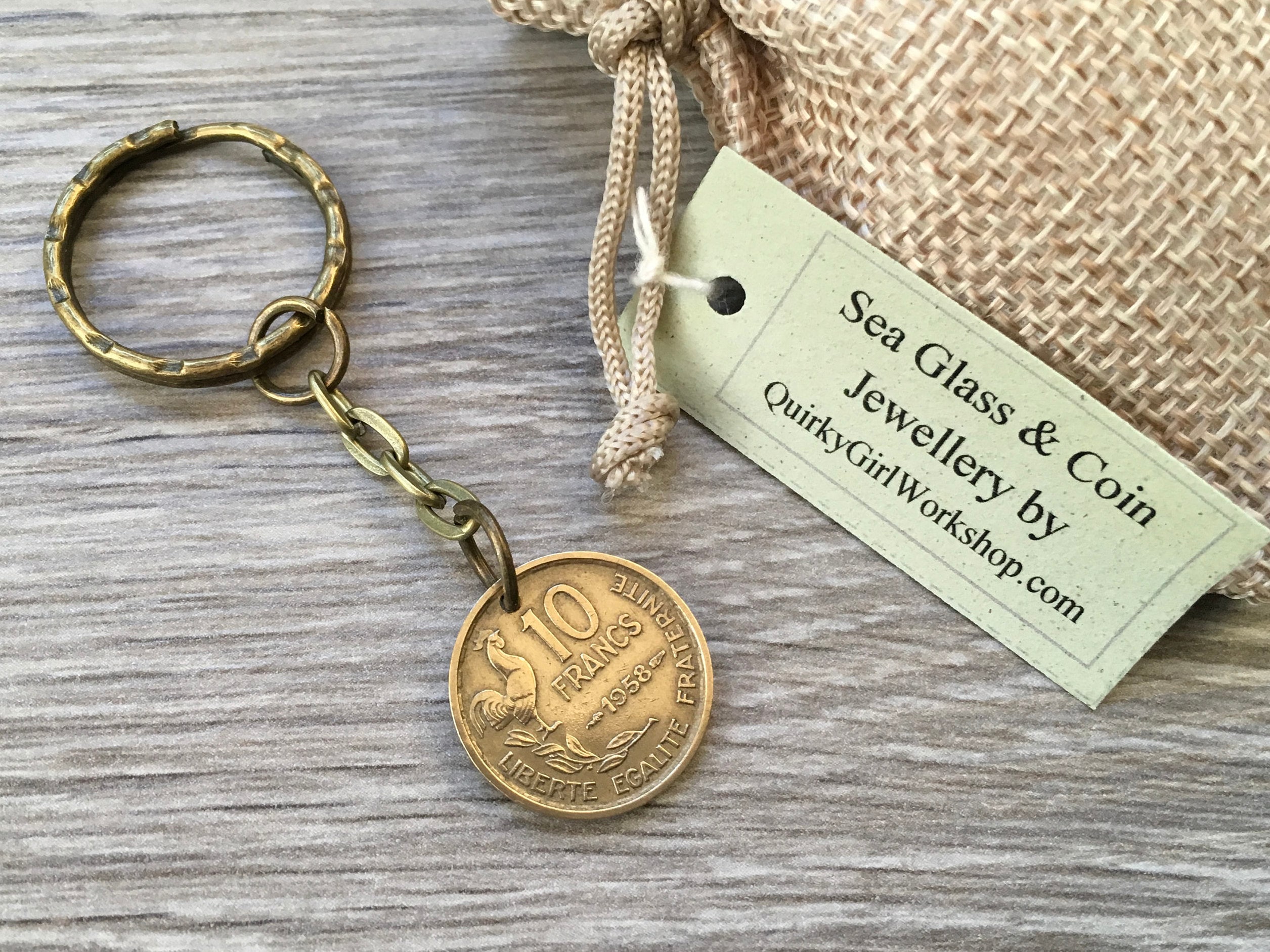 60th birthday gift 1958 French coin key ring key chain 10 franc