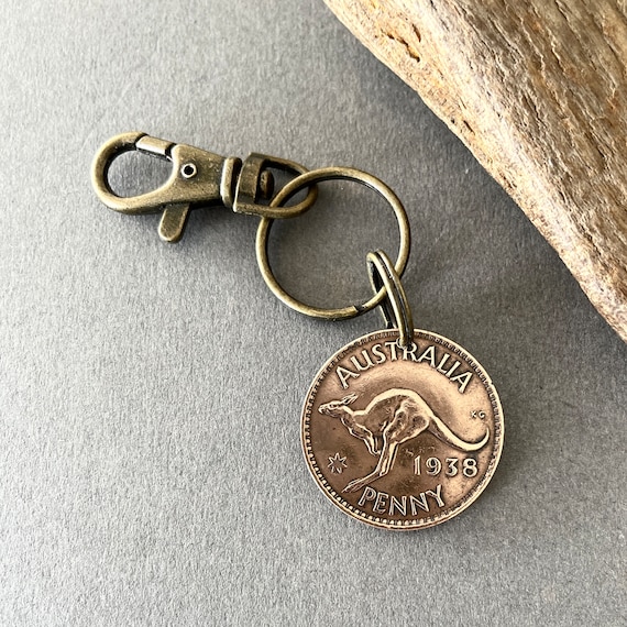 1938 Australian penny keyring clip, 85th birthday gift, Aussie kangaroo lucky penny, Australia present for a man or woman
