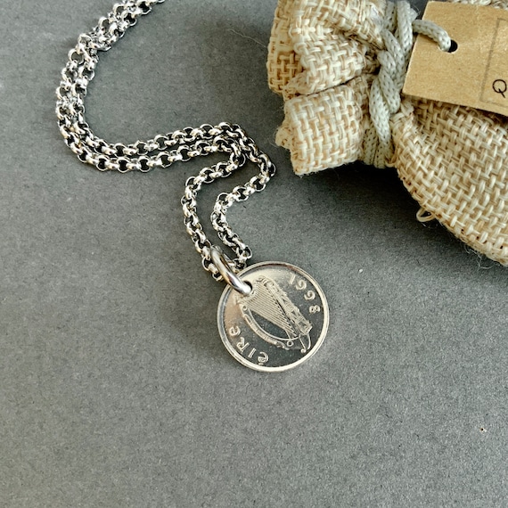 1998 Irish coin necklace on a stainless steel chain, masculine jewellery, choose chain length