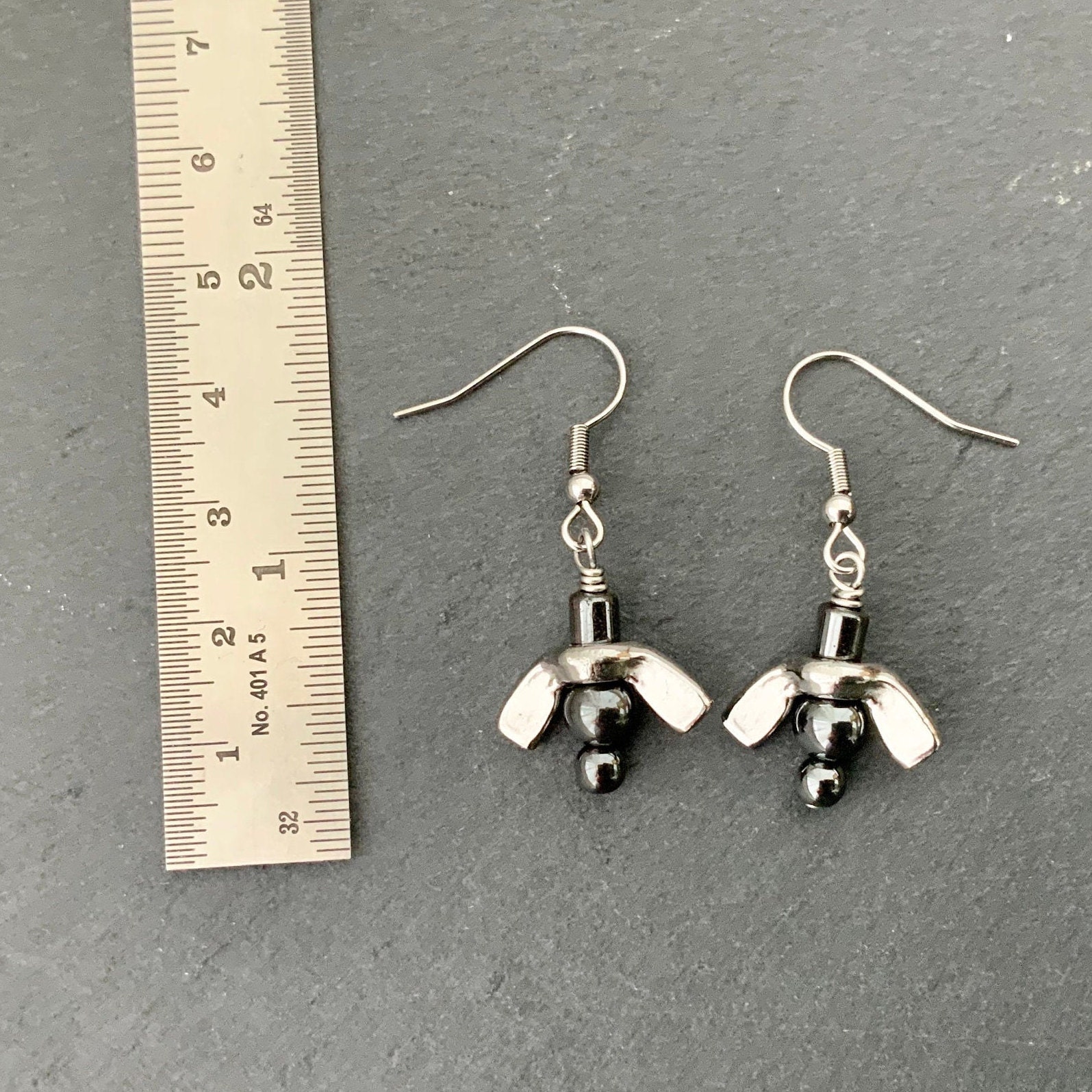 Wing nut earrings, hematite bead jewellery, grey urban long dangle