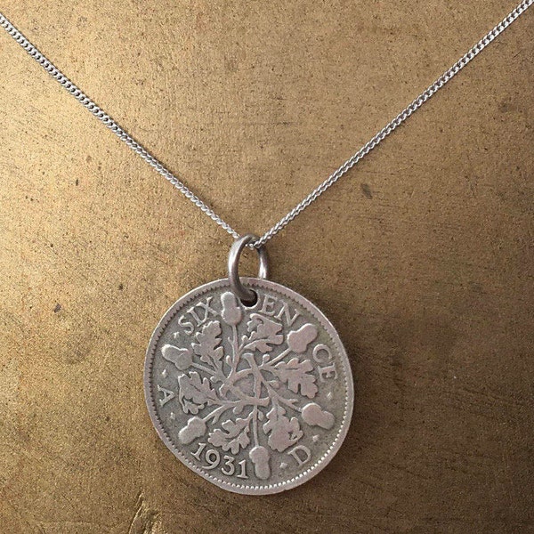 1930 or 1931 silver sixpence necklace, with a sterling silver chain, choose coin year for a 93rd or 94th birthday gift,