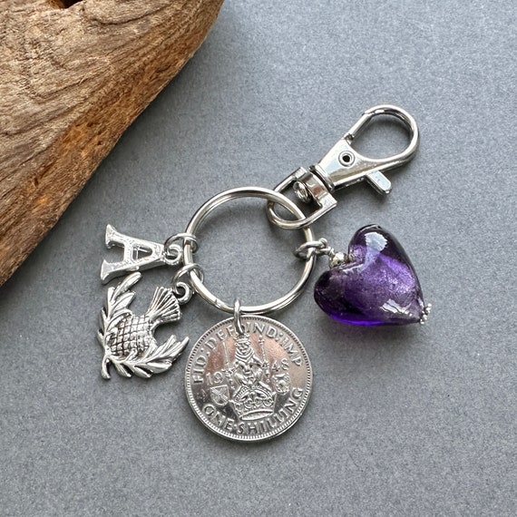 1948 Scottish shilling and thistle charm clip style key ring, bag charm choose initial for a personalised 76th birthday gift